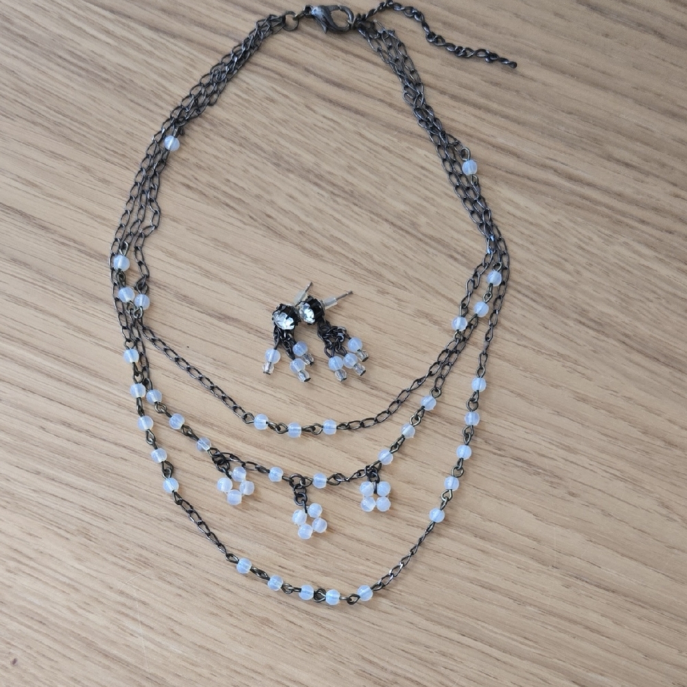 Vintage Betsey Johnson Beaded Triple-strand Necklace and Beaded/CZ Earrings Set